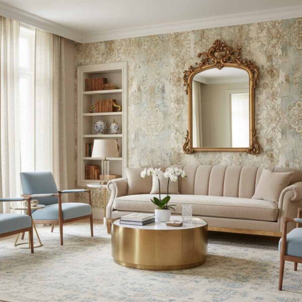Wall mural with ornamental design behind a beige sofa and blue armchairs