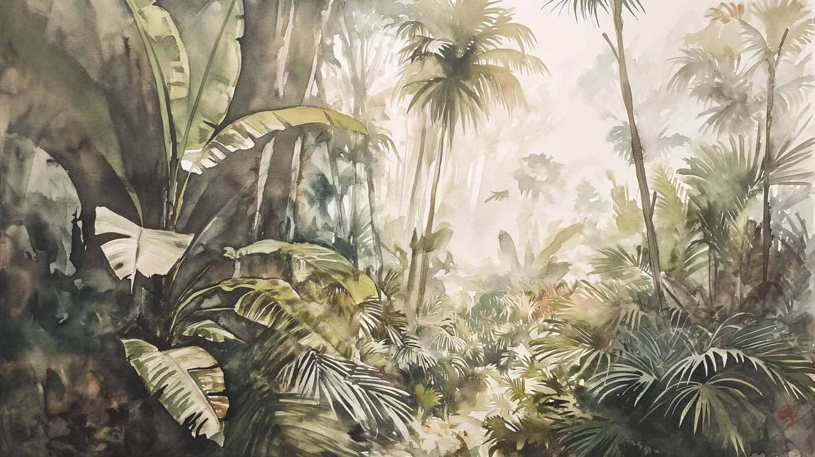 Zidni tapeti 'Tropska Kišna Šuma Akvarel' prikazuju bujnu tropsku scenu u bež i sivkastim tonovima s naglascima svijetlo zelene boje.