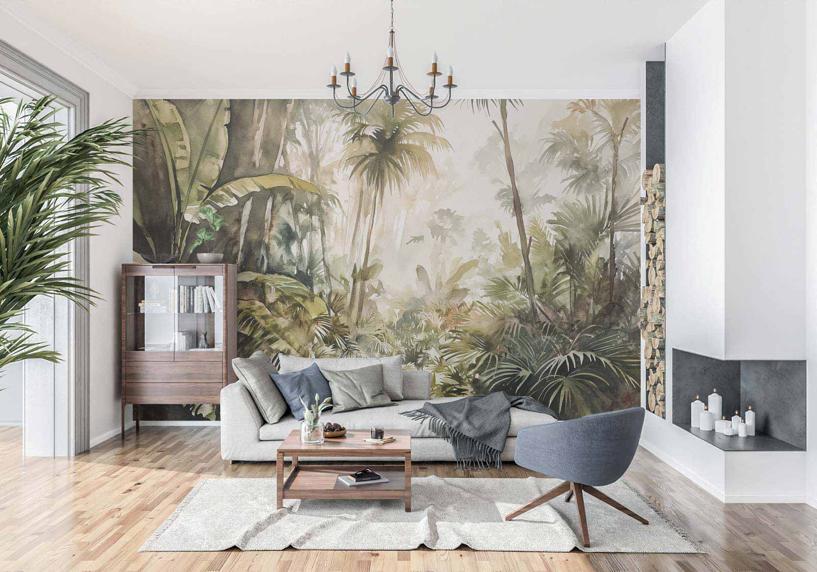 Tropical Rainforest Watercolor Wallpaper depicting lush tropical scenery in beige and grayish tones with bright green accents.