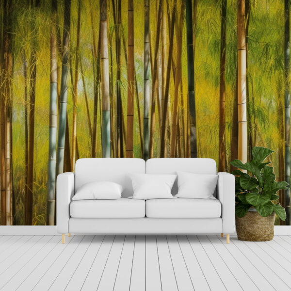 Green and brown bamboo forest wall mural with serene bamboo grove for natural Asian-inspired interiors
