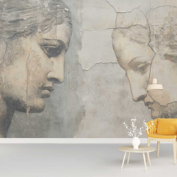 Neoclassical hero and woman wall mural on distressed surfaces inspired by Burne-Jones and neo-concrete styles