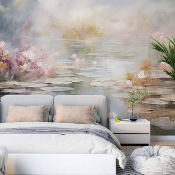 Claude Monet inspired impressionistic wall mural capturing garden and water lily scenes in soft artistic style