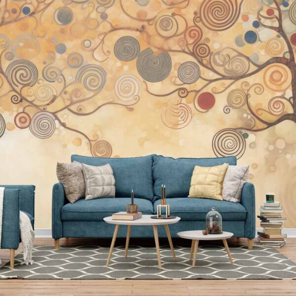 Gustav Klimt inspired landscape wall mural with subtle earthy colors and peaceful nature essence for elegant interiors