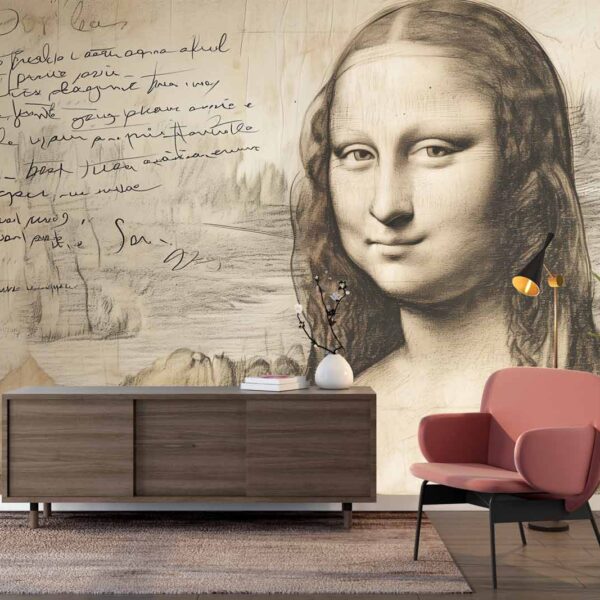 Mona Lisa preparatory sketch wall mural with Da Vinci's handwriting and detailed drawing for artistic interiors