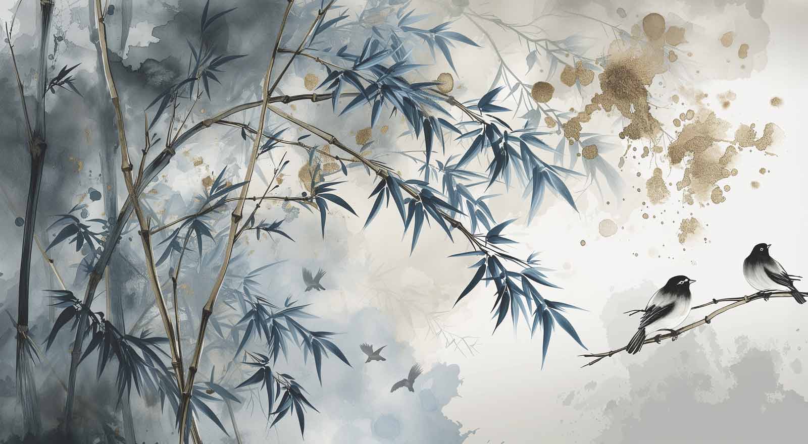 Blue and white watercolor bamboo forest wallpaper with graceful birds perched among stalks, perfect for living rooms, bedrooms, or Asian-inspired elegant interiors
