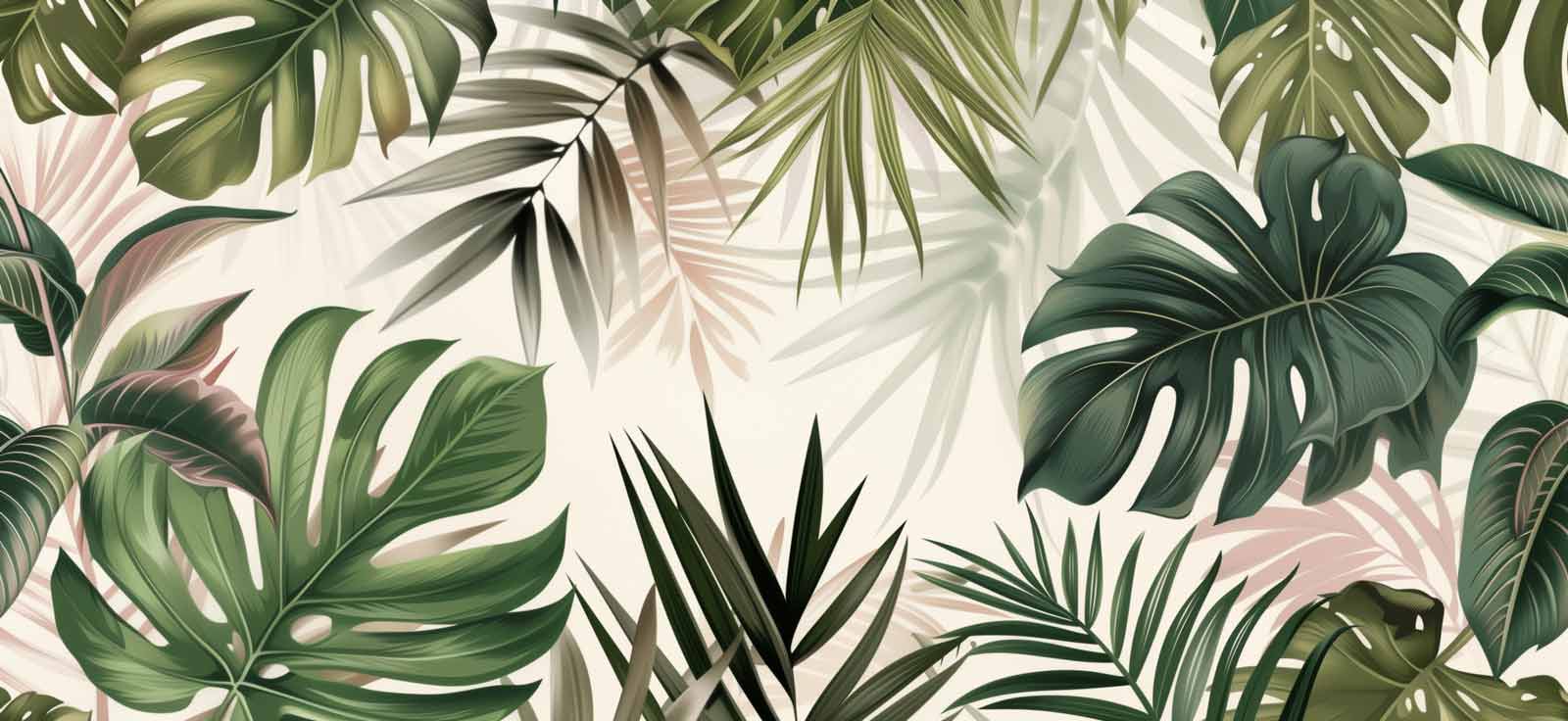Seamless tropical wallpaper with lush green monstera, palm, and fern leaves on off-white background, perfect for exotic living rooms