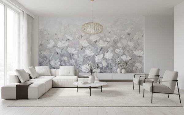 Wall mural with abstract floral design behind a grey sofa and floor lamp