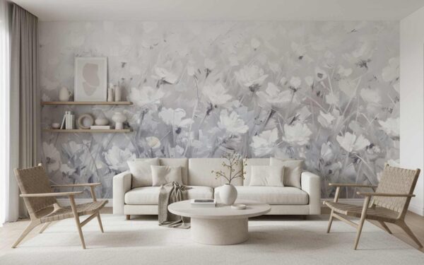 Wall mural with floral pattern behind a beige sofa and wooden shelves
