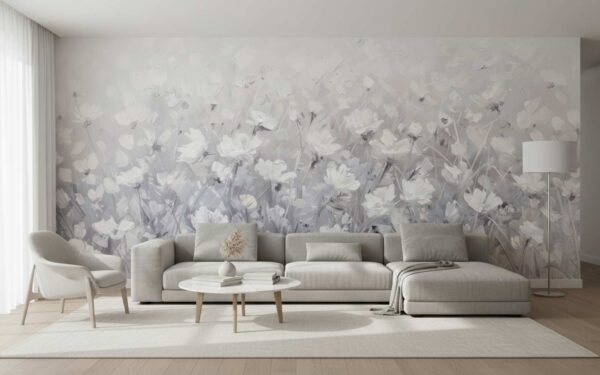 Wall mural with floral design behind a white corner sofa and modern chairs