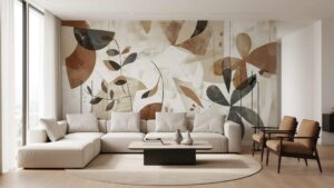 Modern living room featuring a large off-white sofa in front of a feature wall with an abstract wallpaper in earthy tones of brown, beige, and black.
