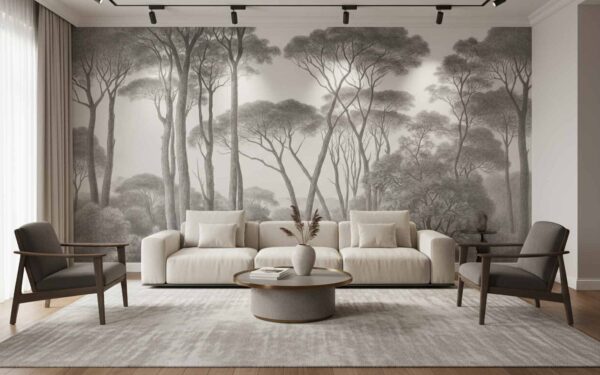 Fototapeta Monochromatyczny Las za białą sofa w salonie